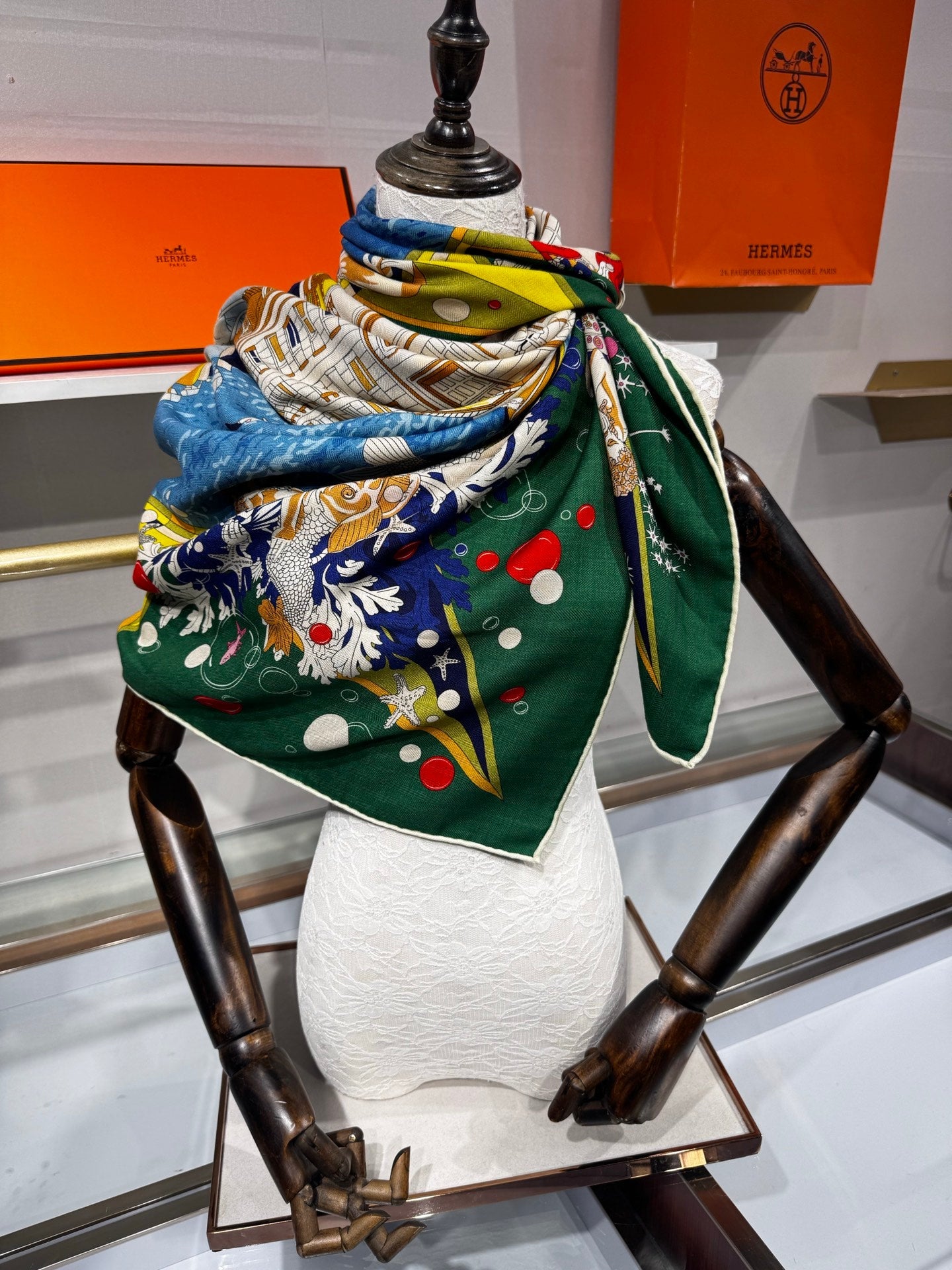 Hermès Flagship Shawl 140x140cm Blue Colorful Cashmere Silk 212375