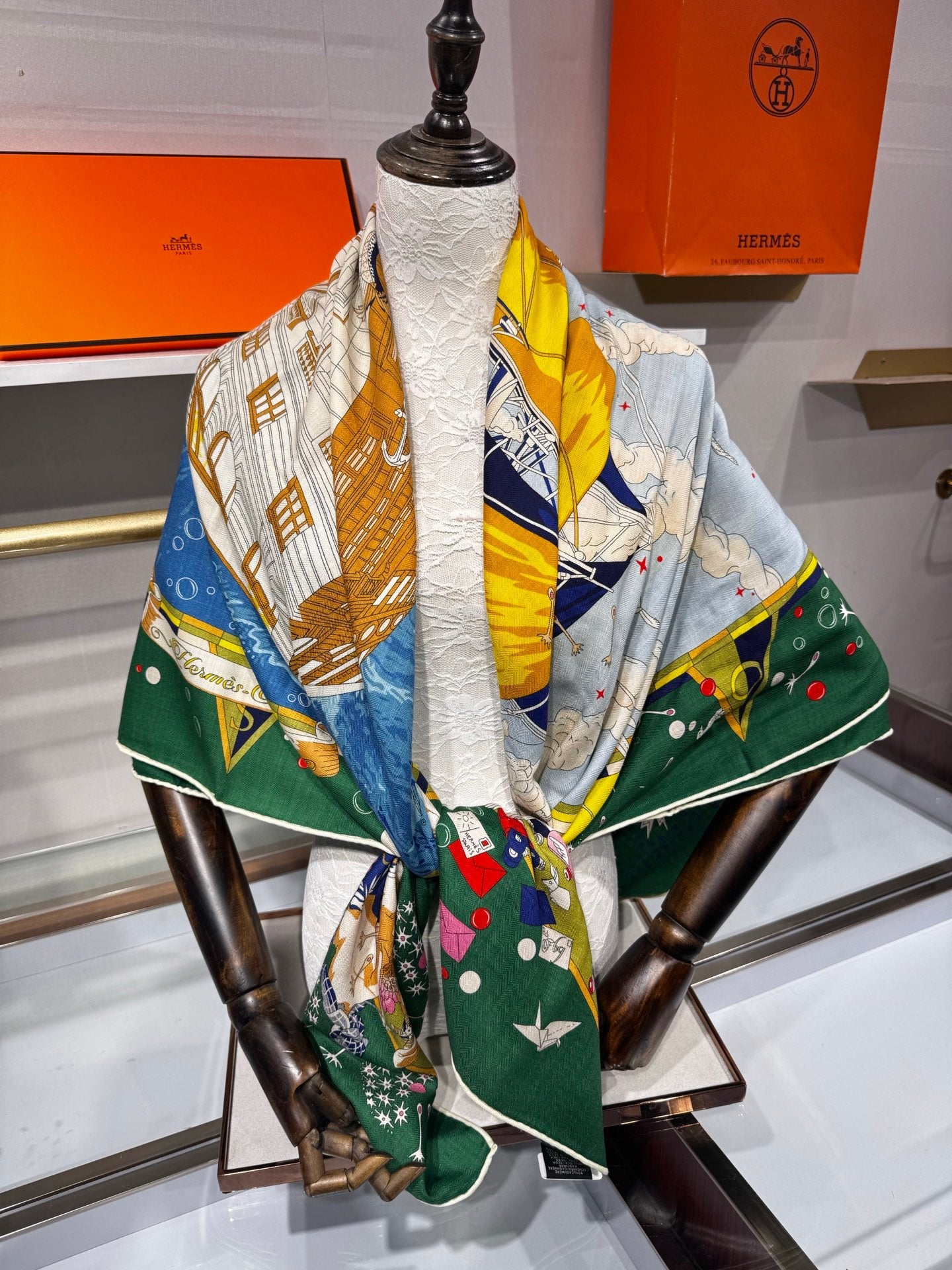 Hermès Flagship Shawl 140x140cm Blue Colorful Cashmere Silk 212375