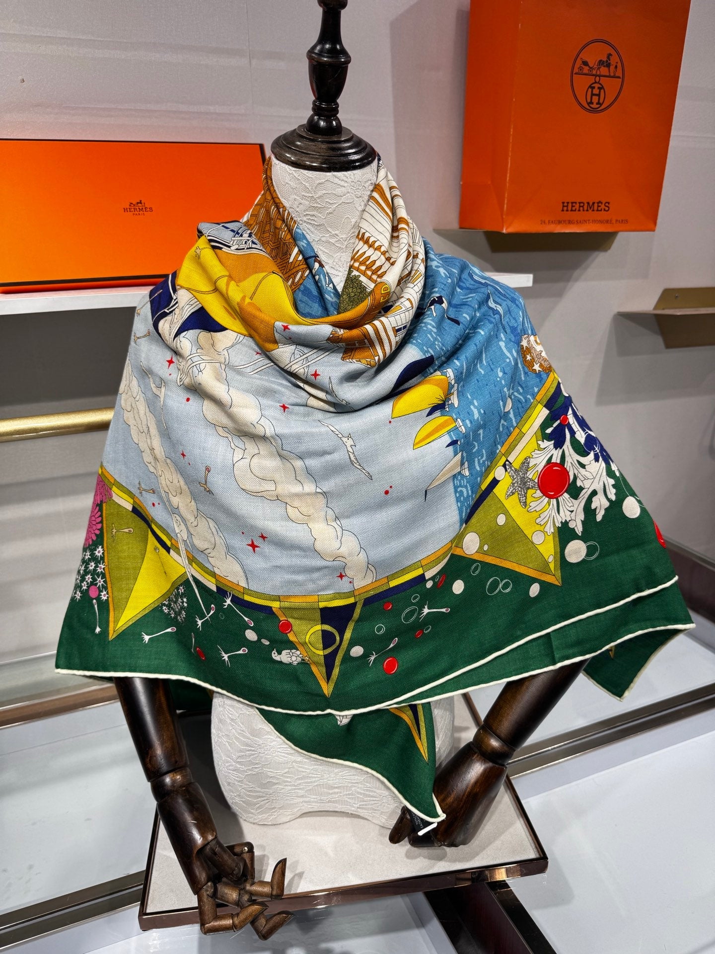 Hermès Flagship Shawl 140x140cm Blue Colorful Cashmere Silk 212375