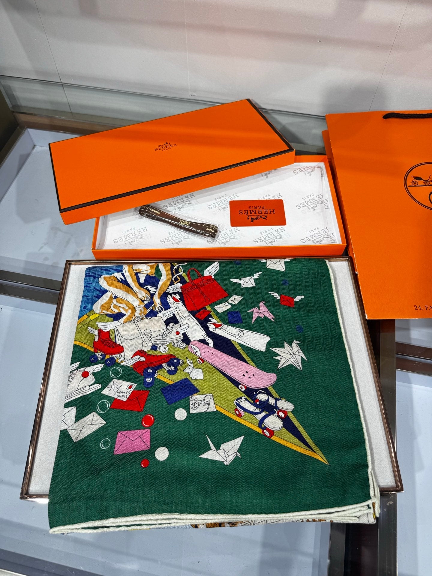 Hermès Flagship Shawl 140x140cm Blue Colorful Cashmere Silk 212375