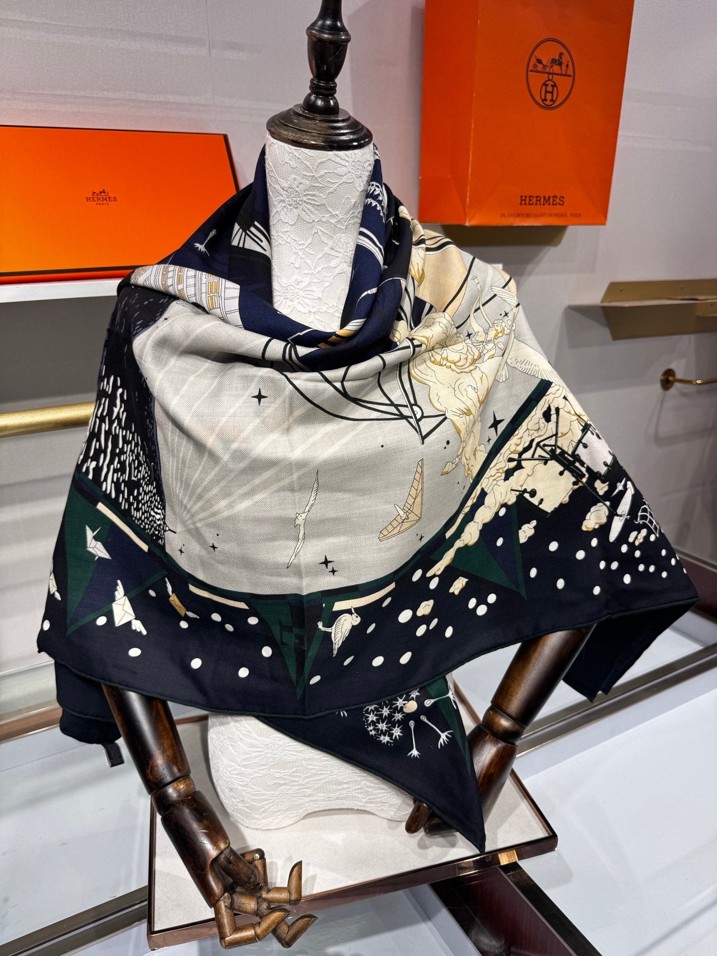 Hermès Flagship Shawl 140x140cm Dark Blue Colorful Cashmere Silk 212377