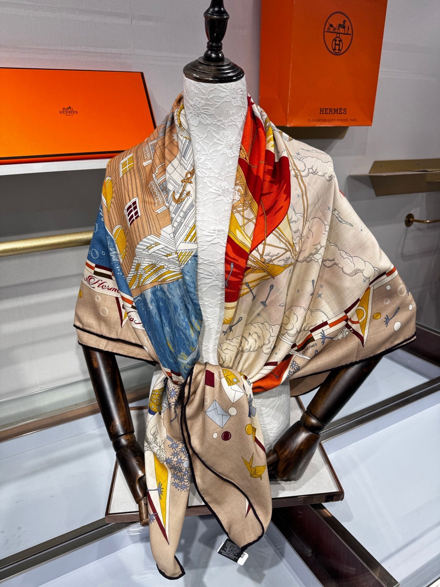 Hermès Flagship Shawl 140x140cm Khaki Colorful Cashmere Silk 212379