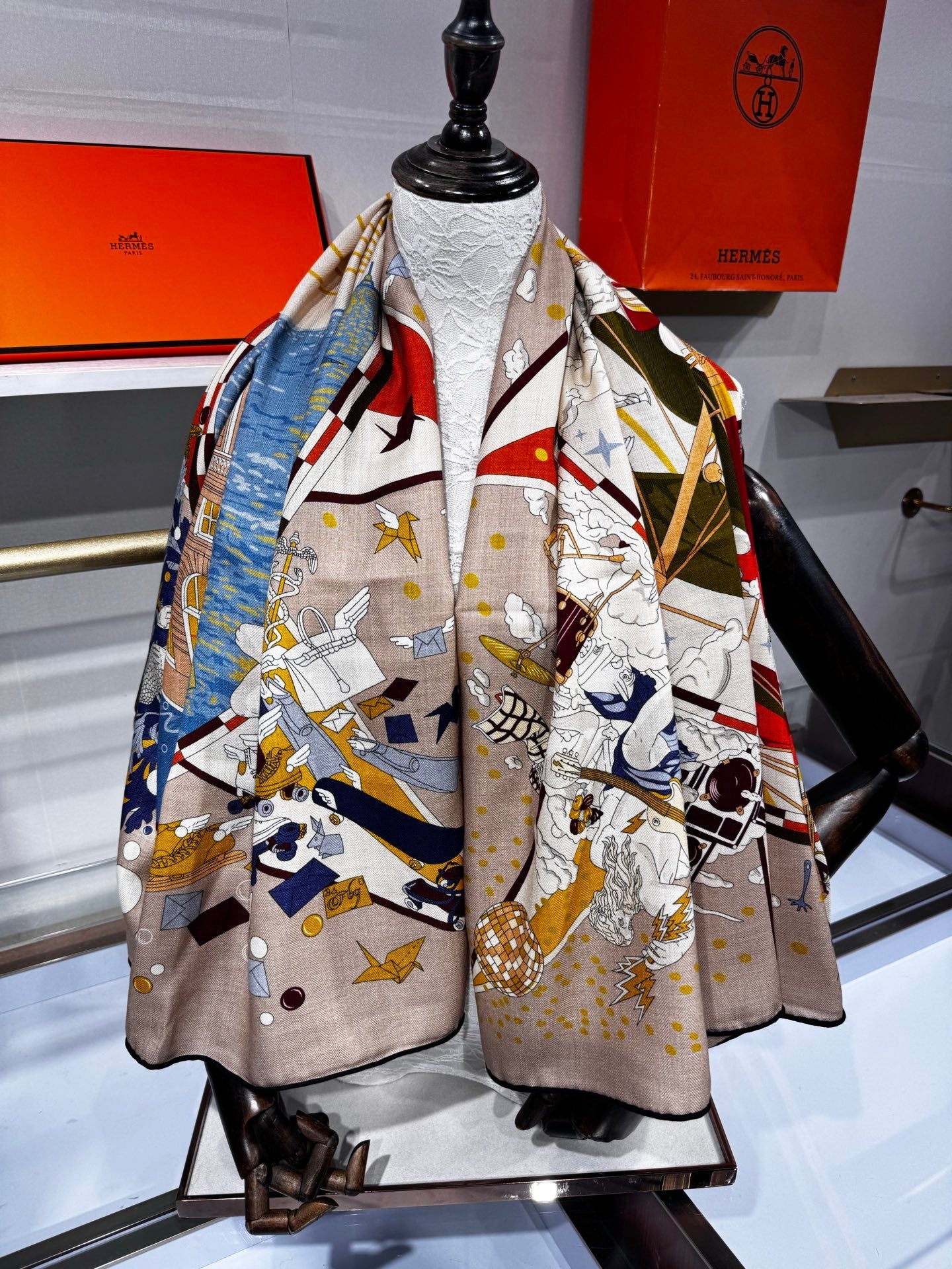 Hermès Flagship Shawl 140x140cm Khaki Colorful Cashmere Silk 212379