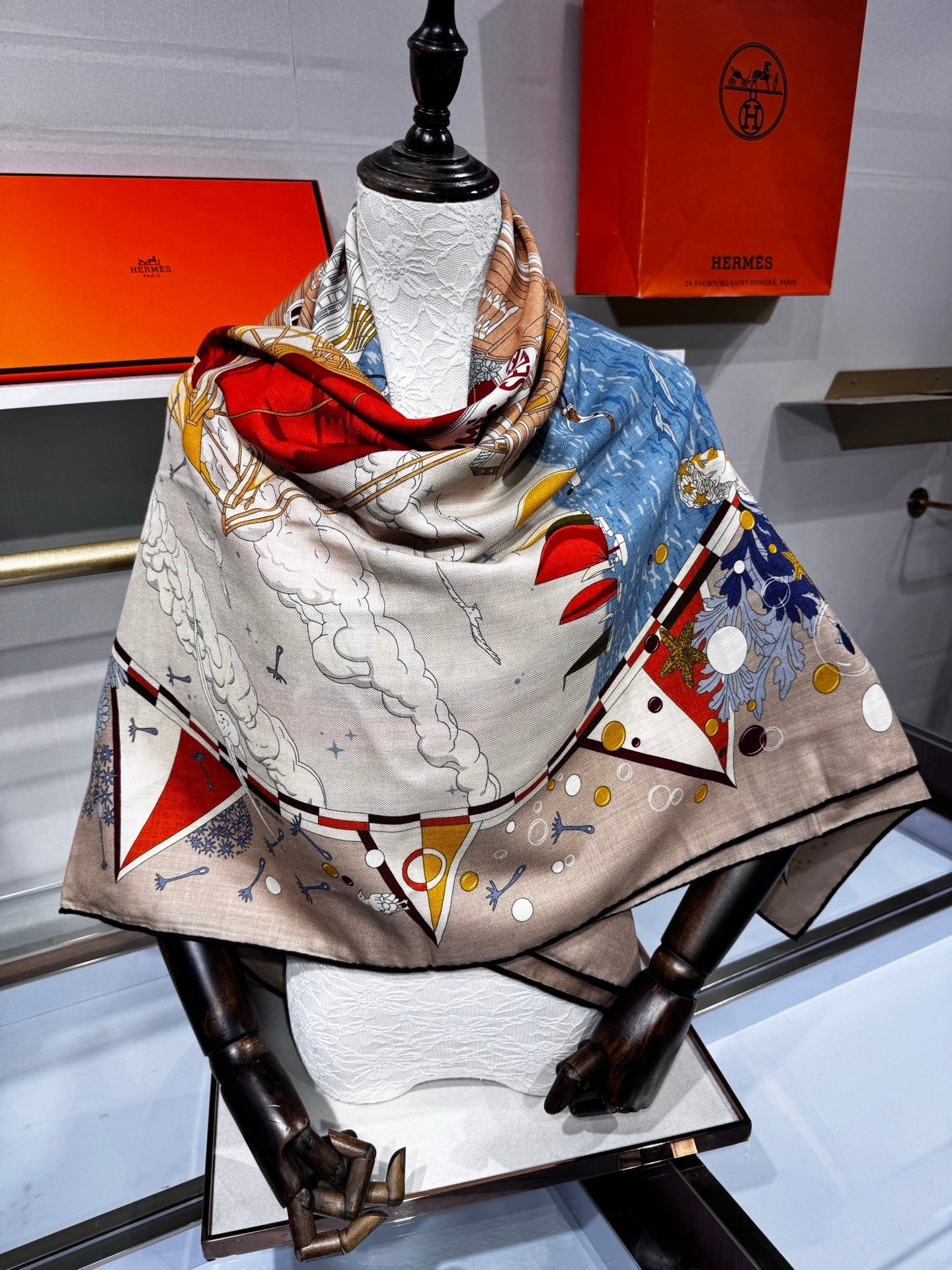 Hermès Flagship Shawl 140x140cm Khaki Colorful Cashmere Silk 212379