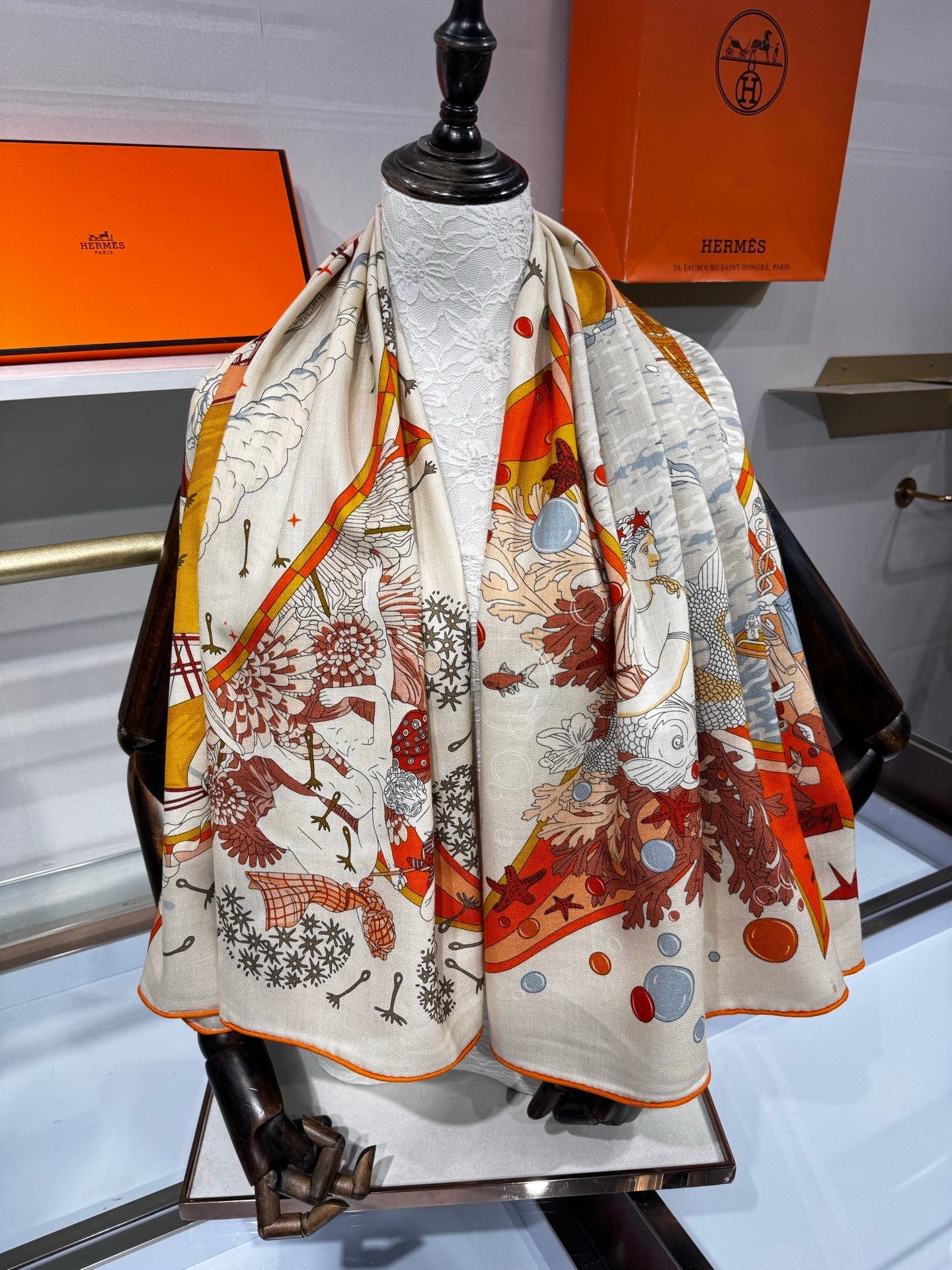 Hermès Flagship Shawl 140x140cm Brown Colorful Cashmere Silk 212385
