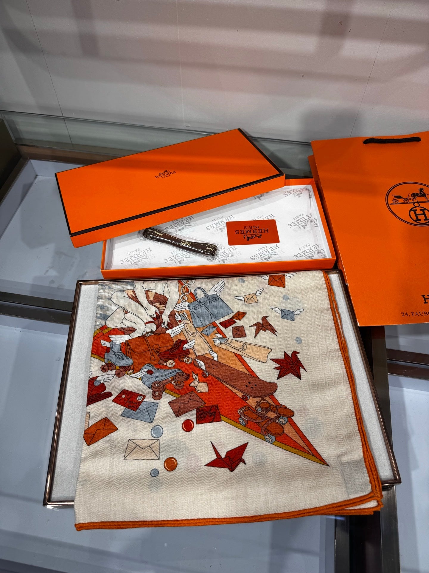 Hermès Flagship Shawl 140x140cm Brown Colorful Cashmere Silk 212385