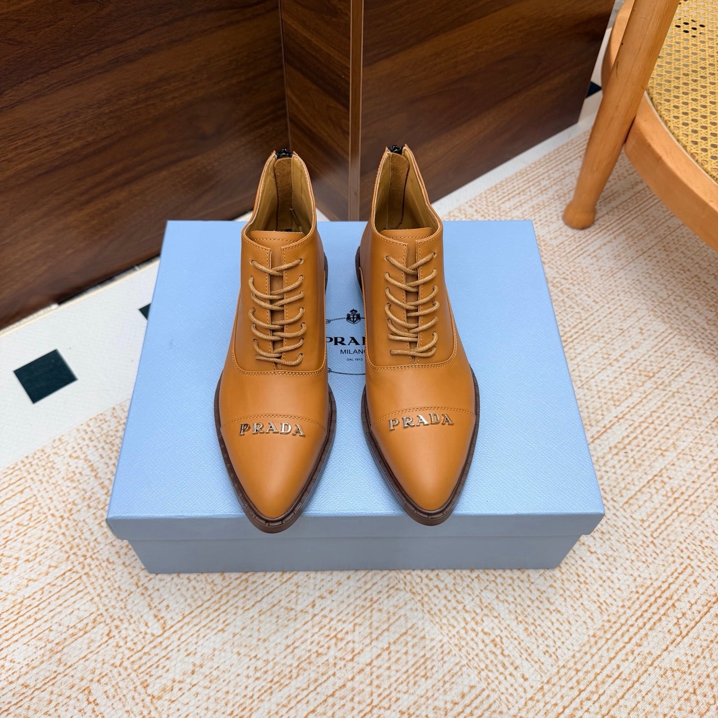 Prada 26s Pointed-Toe Derby Shoes Camel Leather 974553