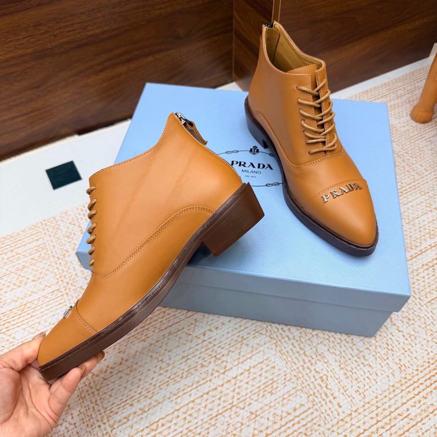 Prada 26s Pointed-Toe Derby Shoes Camel Leather 974553