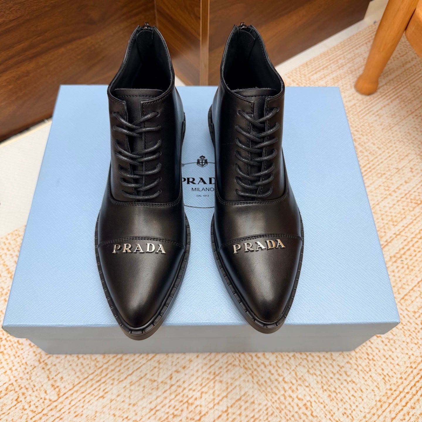 Prada 26s Pointed-Toe Derby Shoes Black Leather 974554