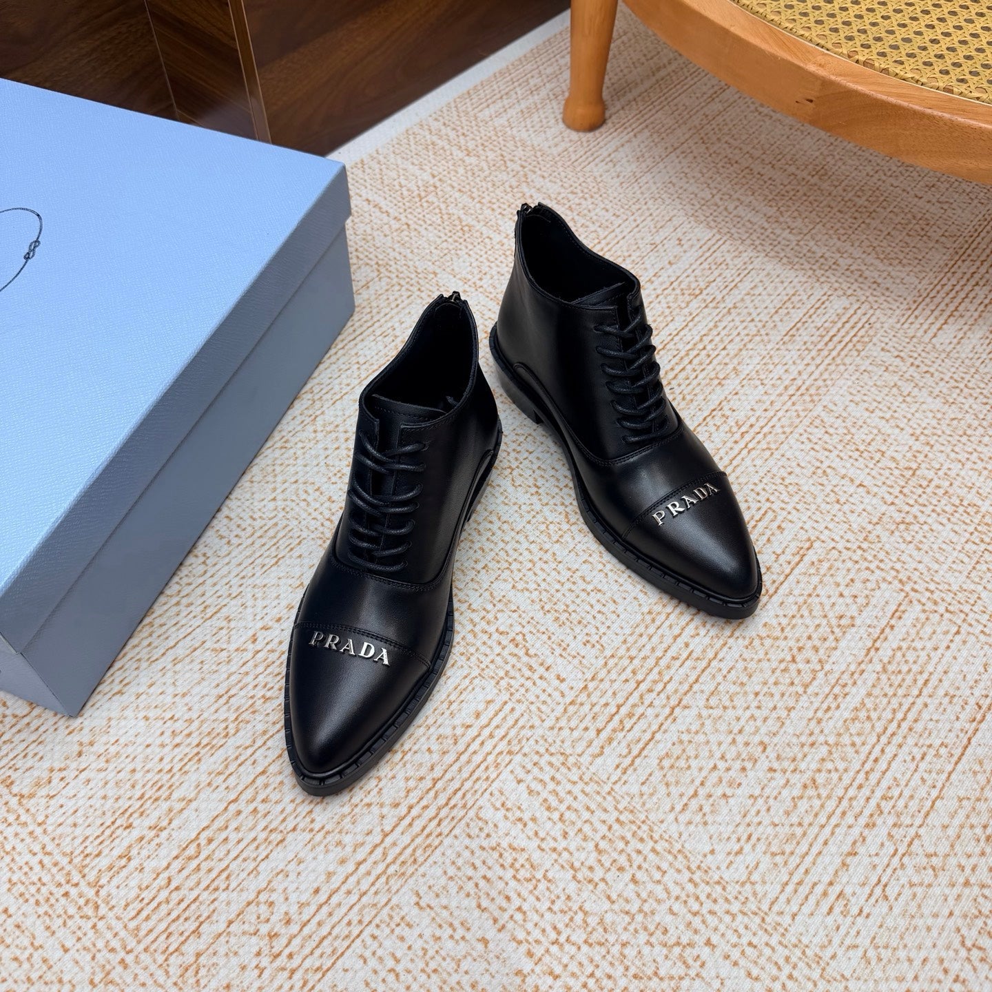 Prada 26s Pointed-Toe Derby Shoes Black Leather 974554