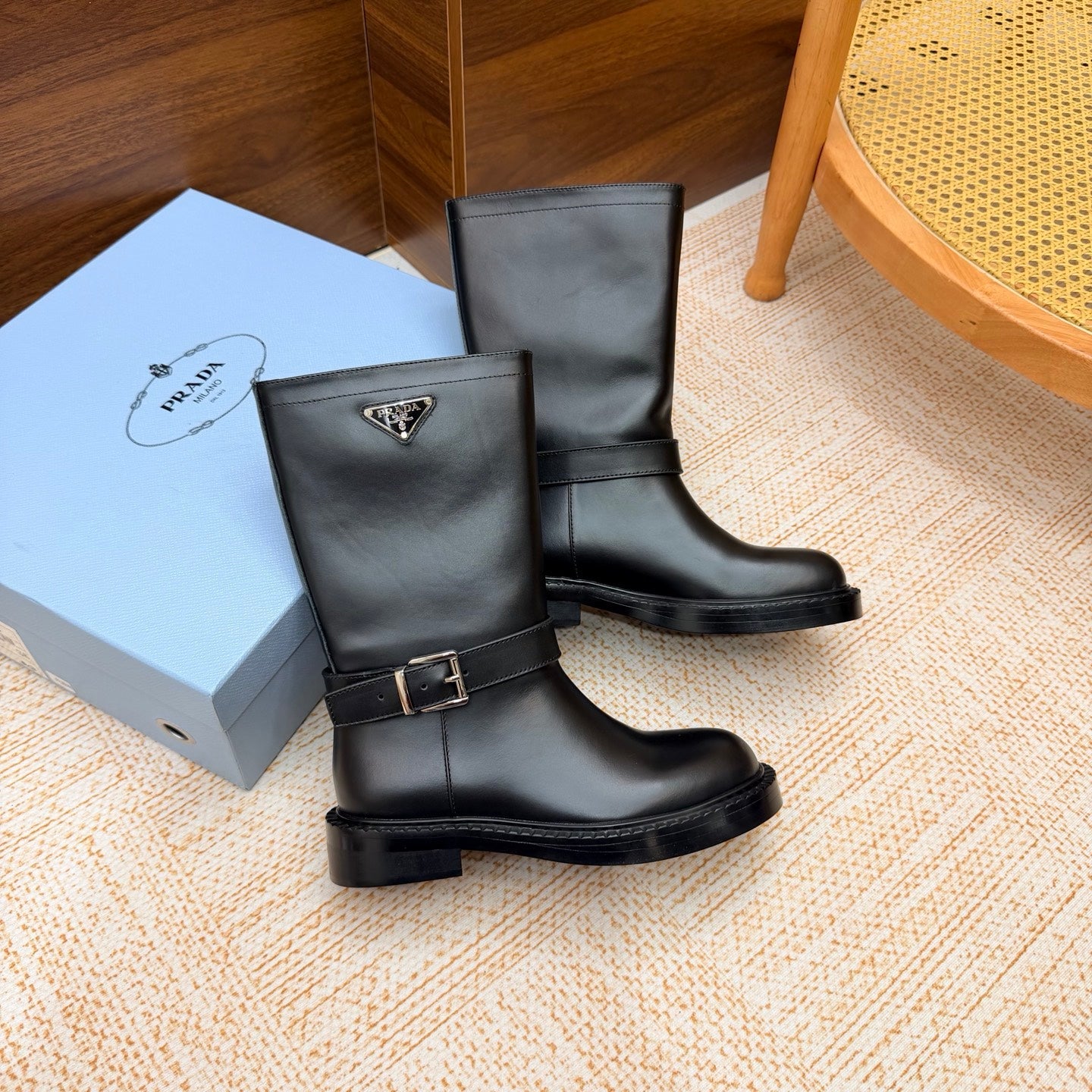 Prada 26s Ankle Riding Boots Black Leather 974556