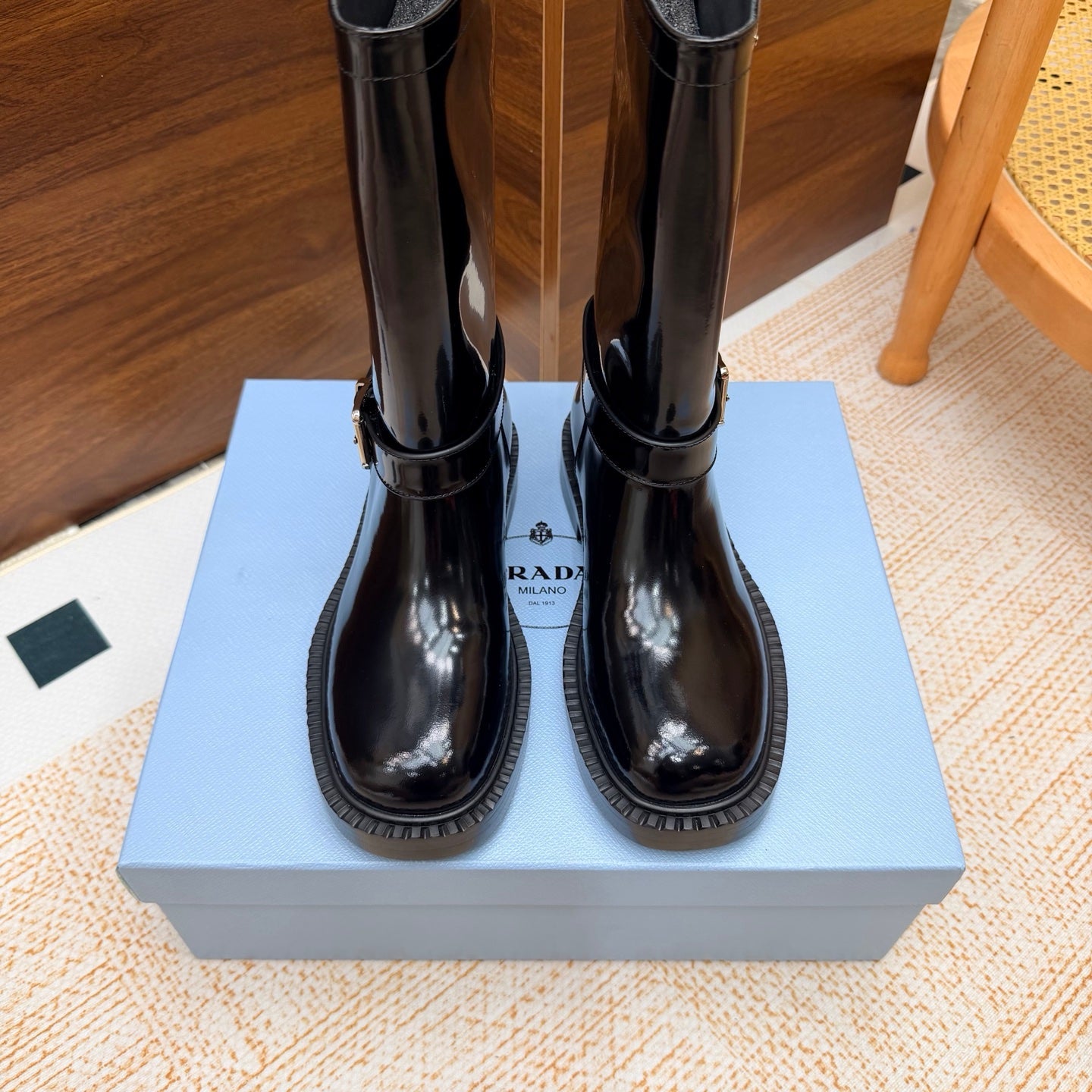 Prada 26s Ankle Riding Boots Black Glossy Leather 974557