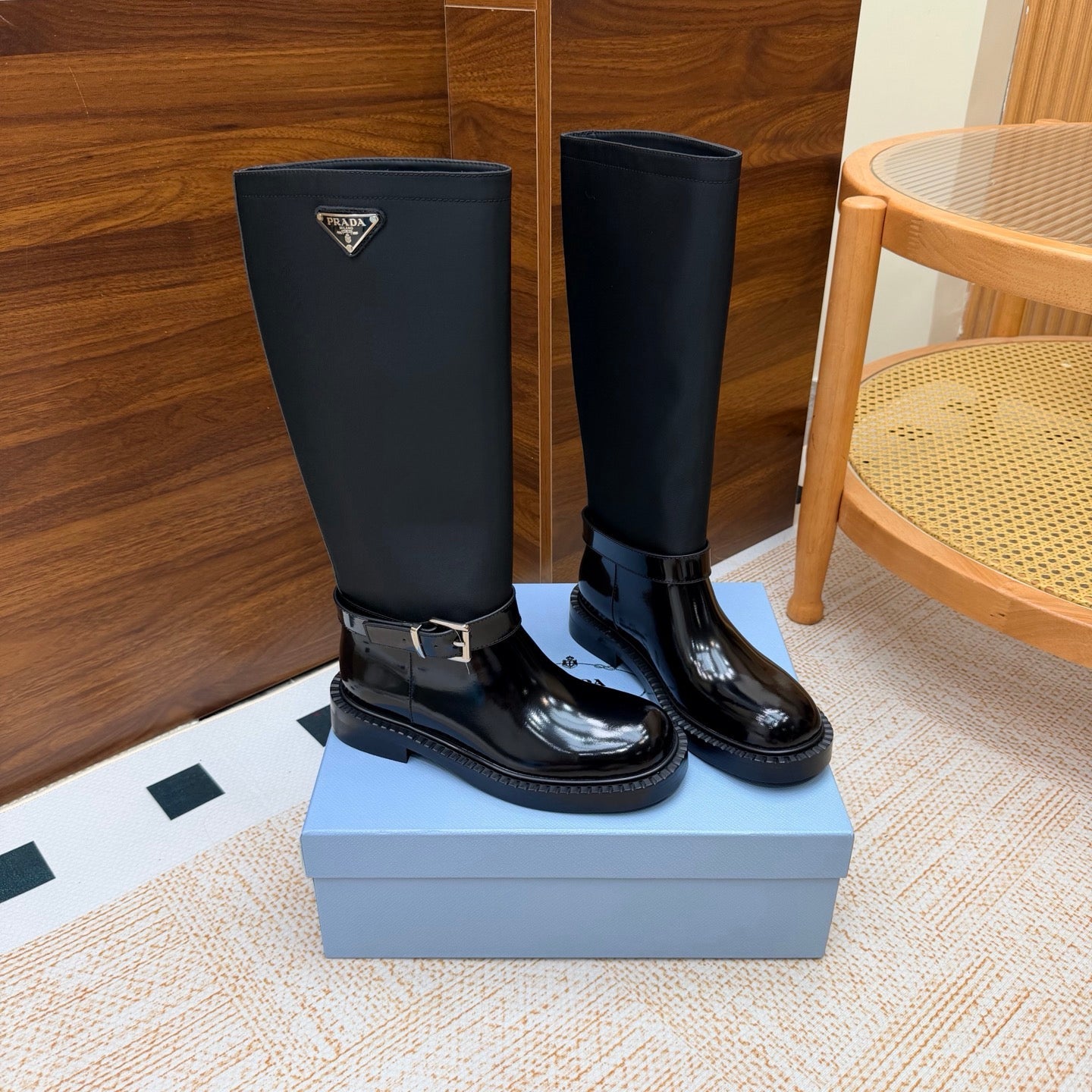 Prada 26s Knee-High Riding Boots Black Re-Nylon Leather 974558