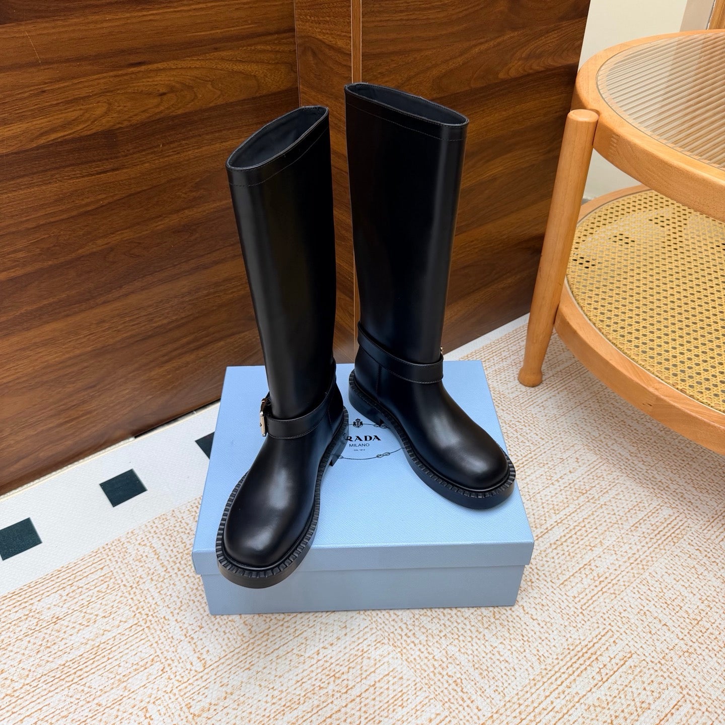 Prada 26s Knee-High Riding Boots Black Leather 974559