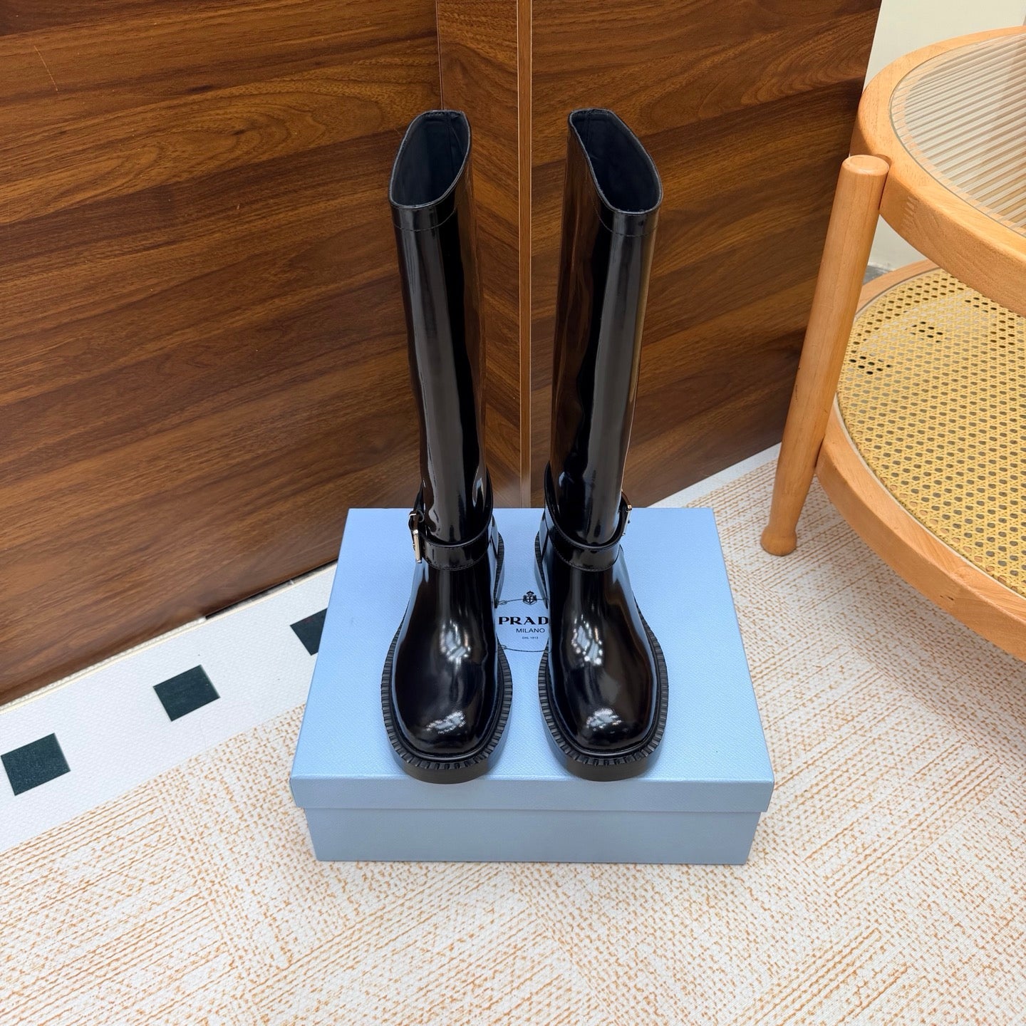 Prada 26s Knee-High Riding Boots Black Glossy Leather 974560