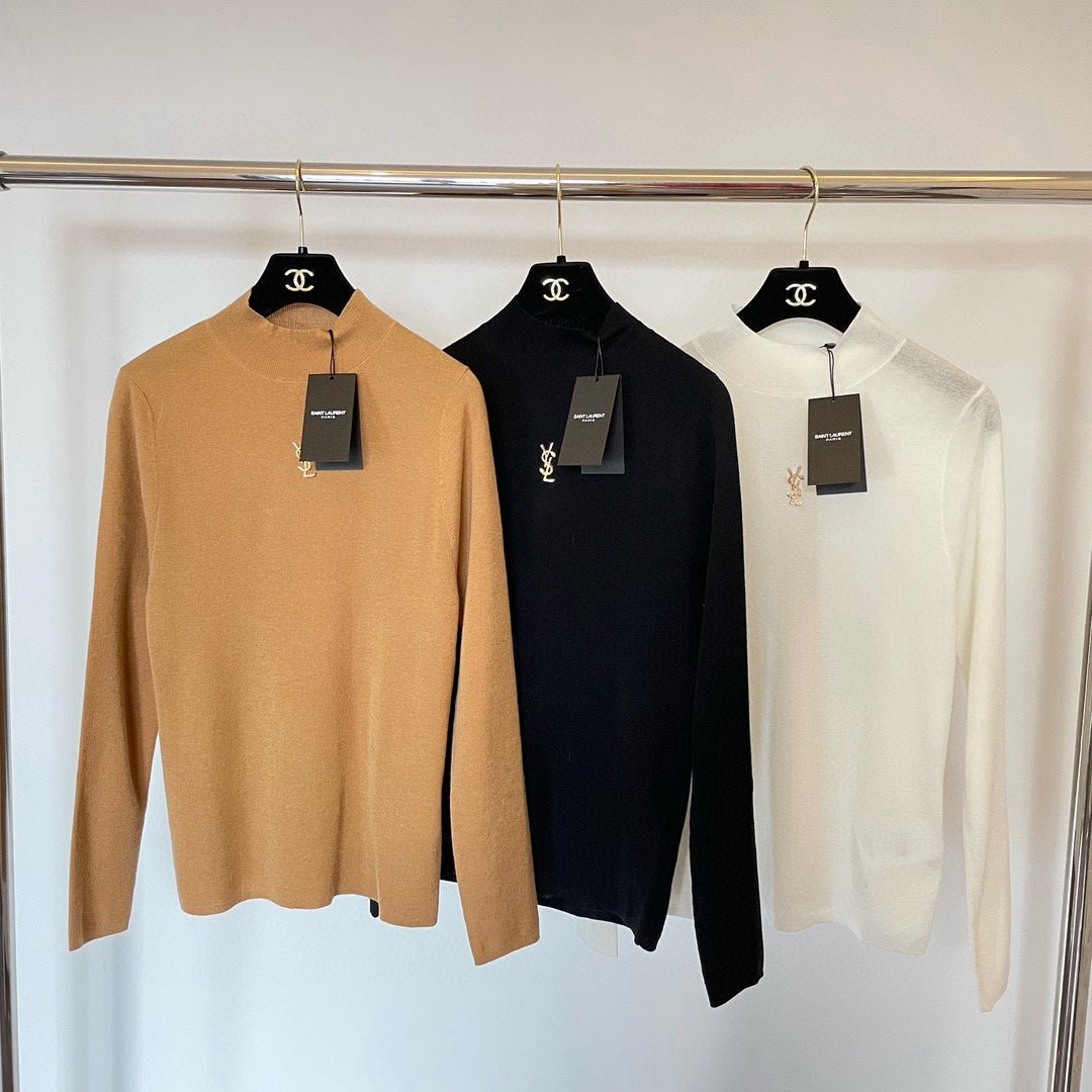 YSL Logo Embroidery Mock Neck Sweater Virgin Wool 438267