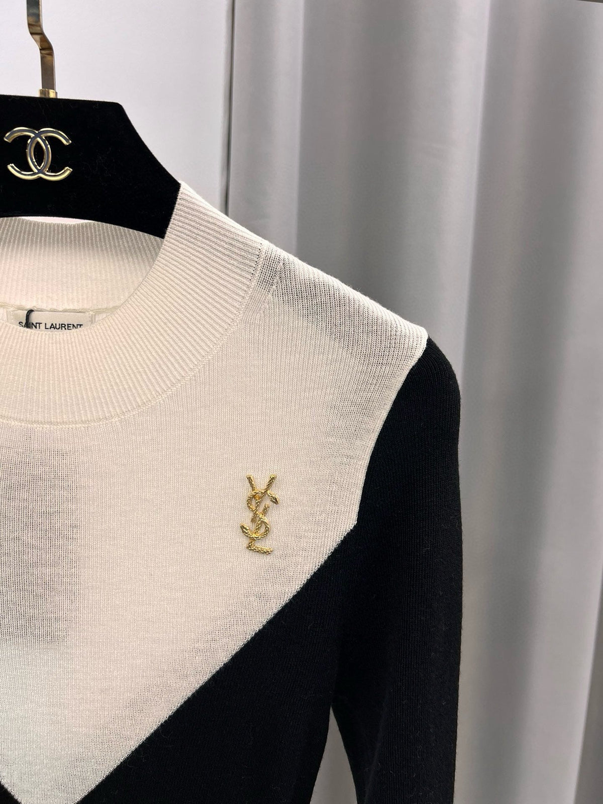 YSL Brooch V-Shape Colorblock Knit Sweater Wool 438271