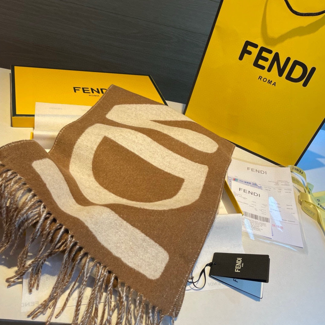FF 185 Cm Scarf In Caramel Brown Mix White Cashmere And Wool