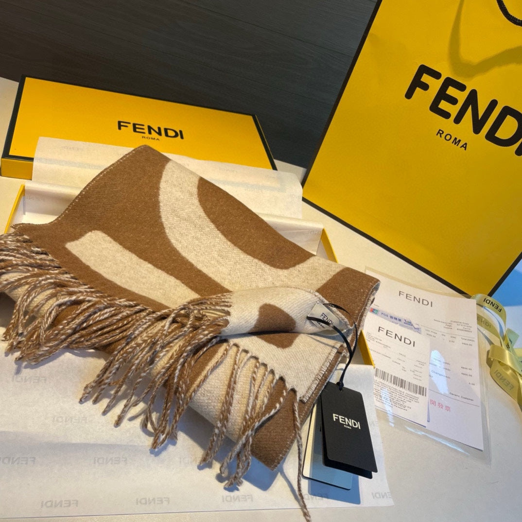 FF 185 Cm Scarf In Caramel Brown Mix White Cashmere And Wool