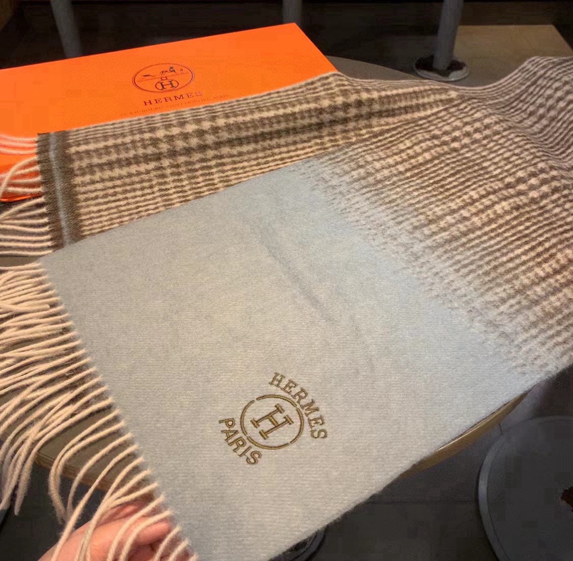 Scarf 180 CM Grey Blue Gradient Brown Caro Cashmere  398222