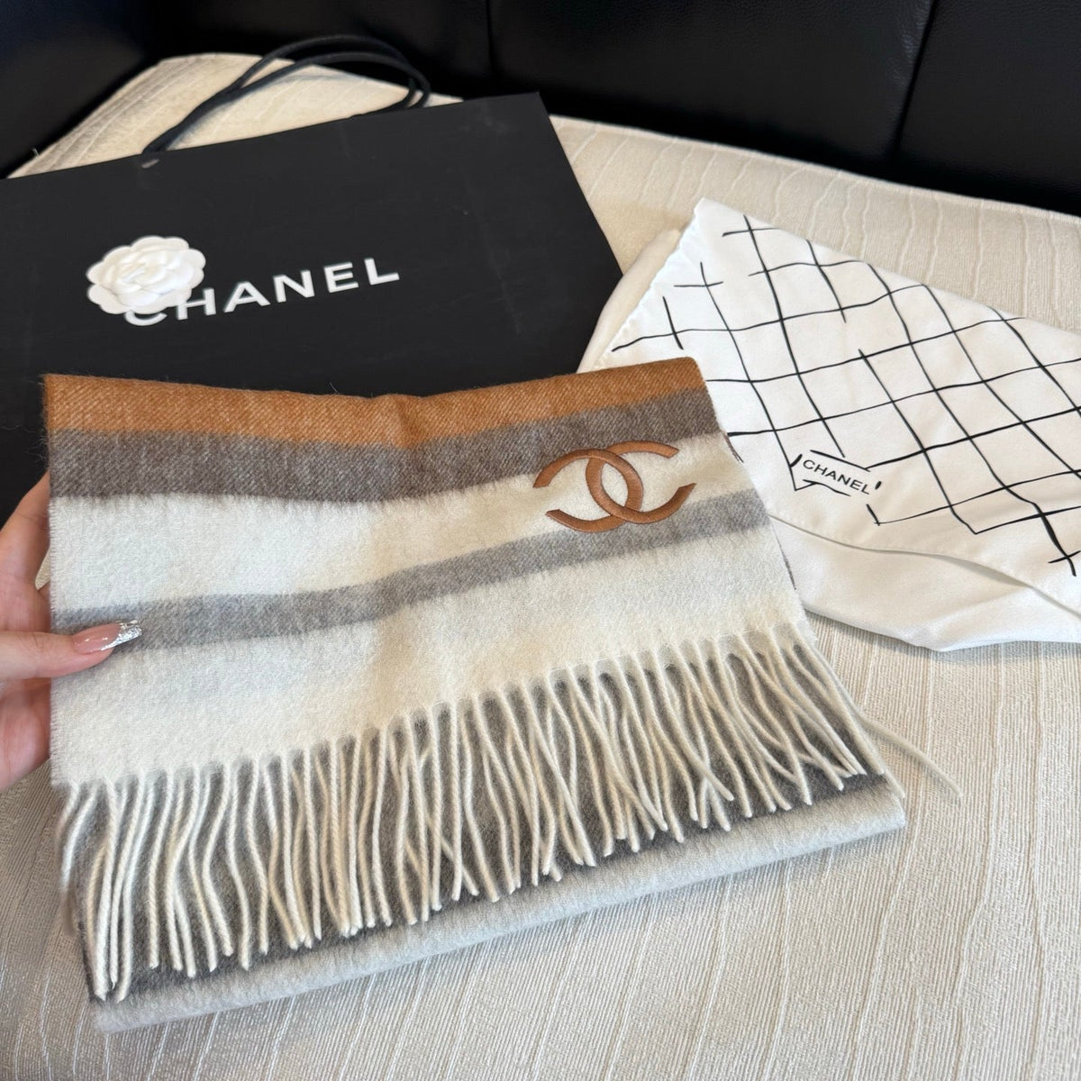CC 26s Brown Grey White Striped CC Fringe Scarf 30x180cm 534838