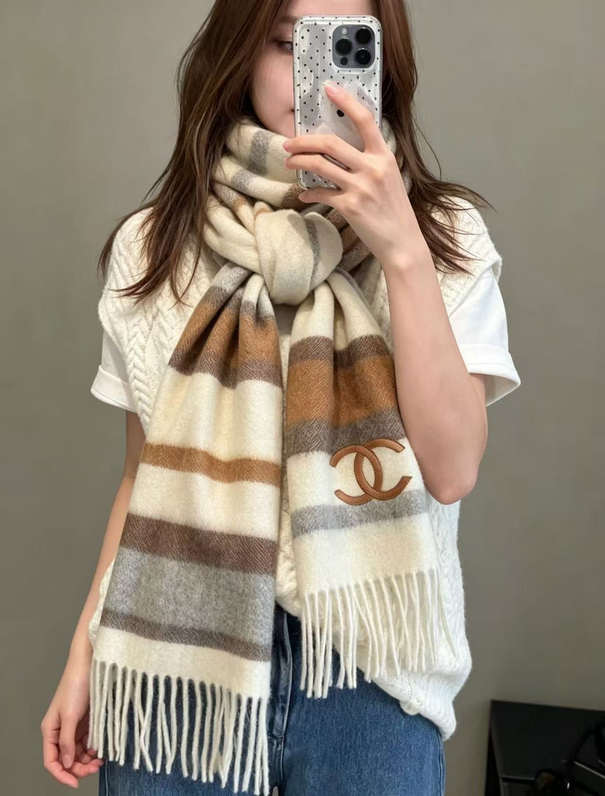 CC 26s Brown Grey White Striped CC Fringe Scarf 30x180cm 534838