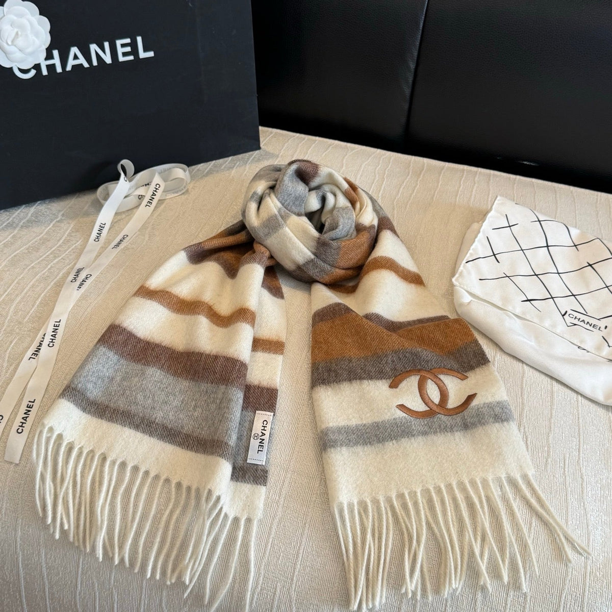 CC 26s Brown Grey White Striped CC Fringe Scarf 30x180cm 534838