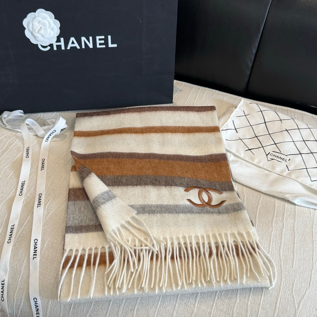 CC 26s Brown Grey White Striped CC Fringe Scarf 30x180cm 534838