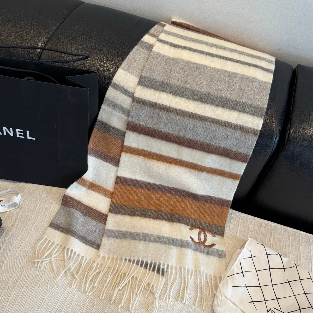 CC 26s Brown Grey White Striped CC Fringe Scarf 30x180cm 534838