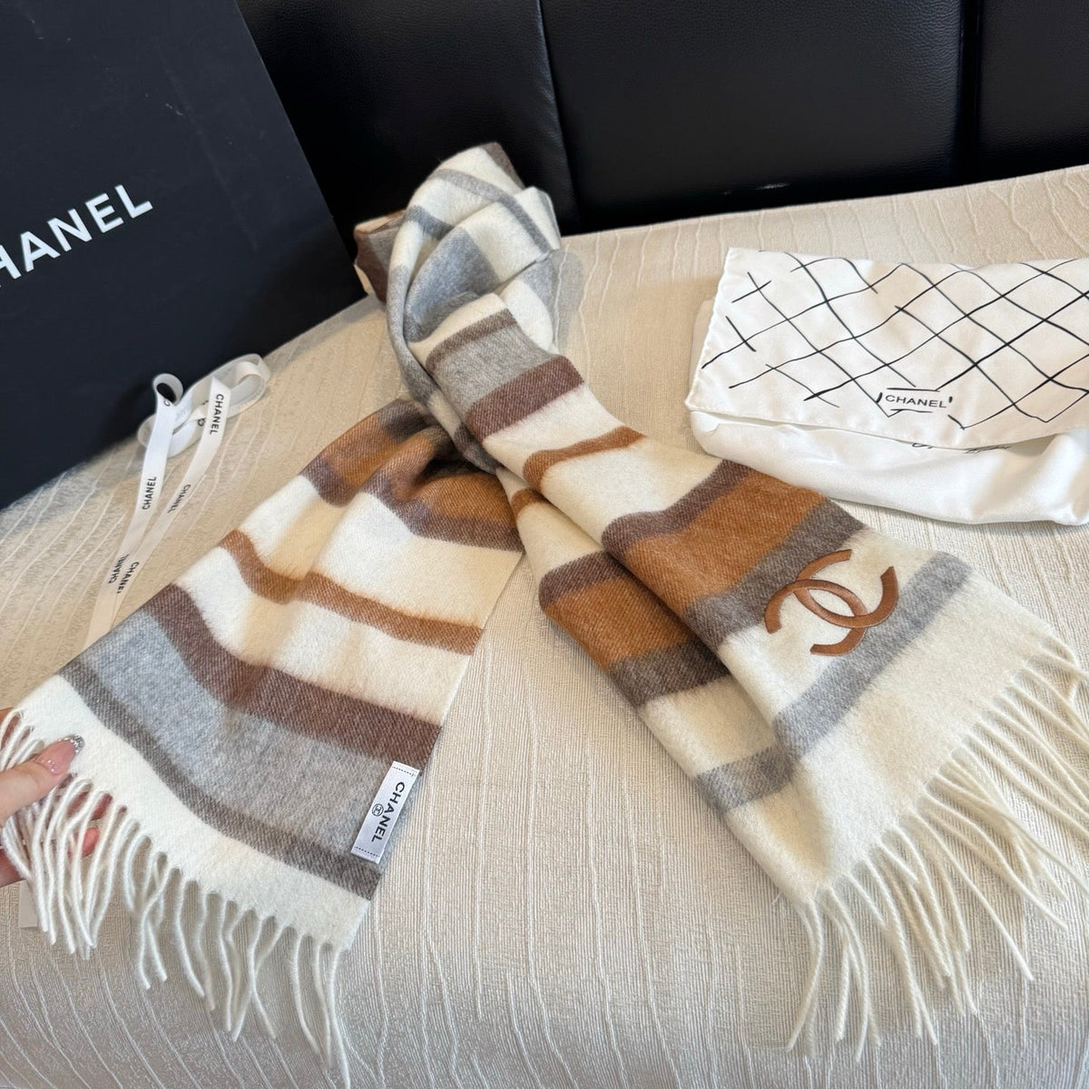 CC 26s Brown Grey White Striped CC Fringe Scarf 30x180cm 534838