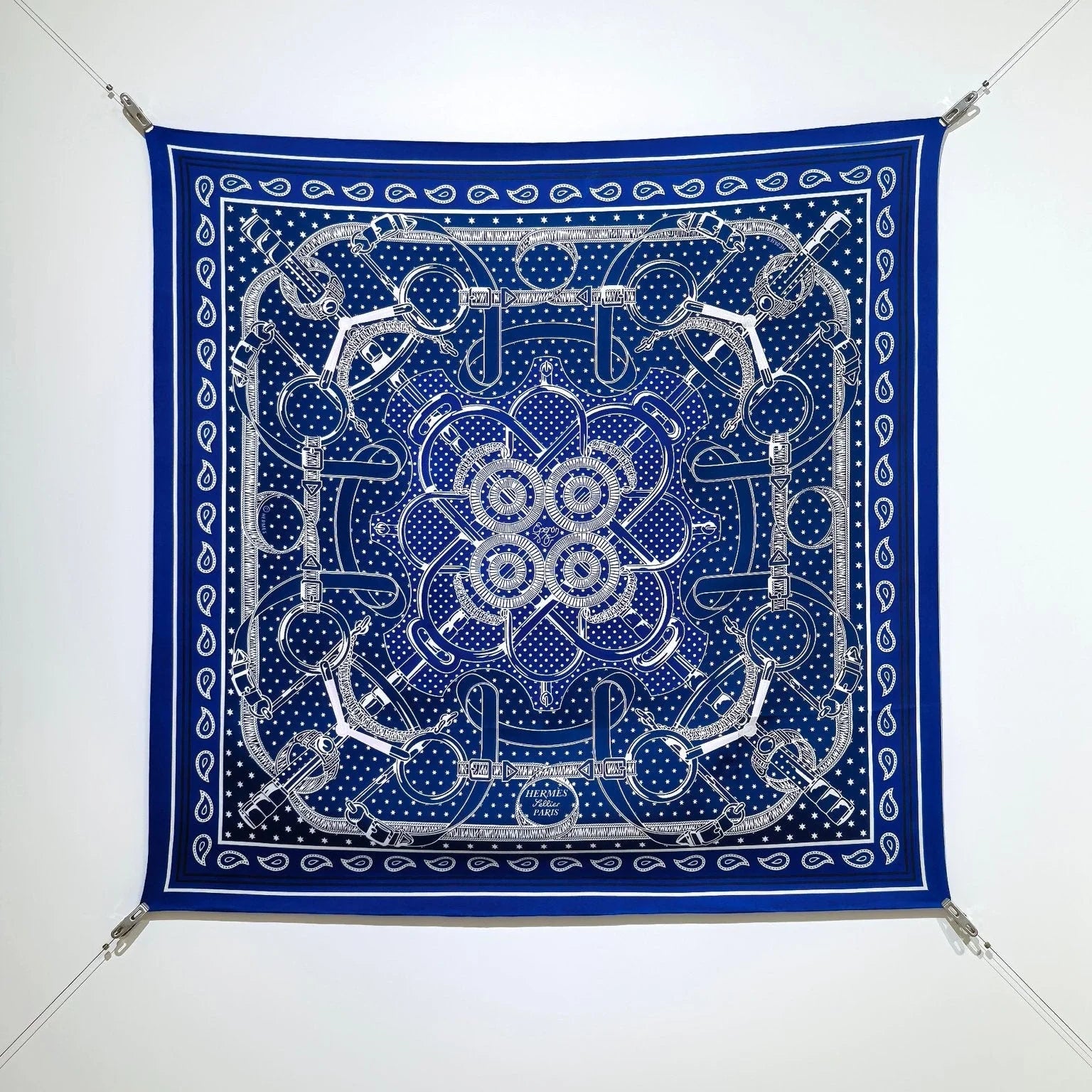 HM 26s Horse Scarf 90 Dark Blue Colorful Cashmere Silk 138043