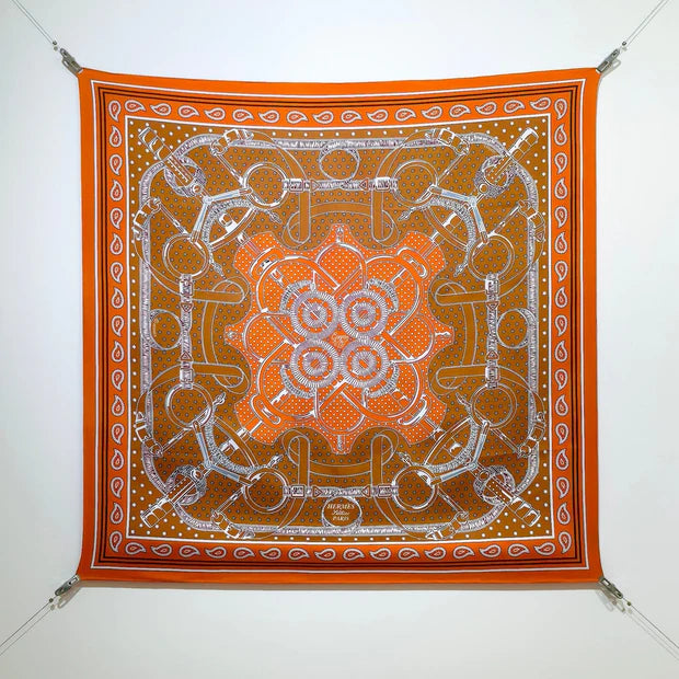 HM 26s Horse Scarf 90 Orange Colorful Cashmere Silk 138044