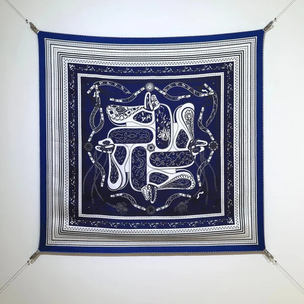 HM 26ss Amazon Scarf 90 Dark Blue White Twill Silk 132411