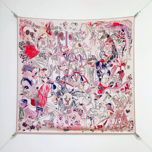 HM 26s Horse Scarf 90 Beige Pink Colorful Cashmere Silk 138046