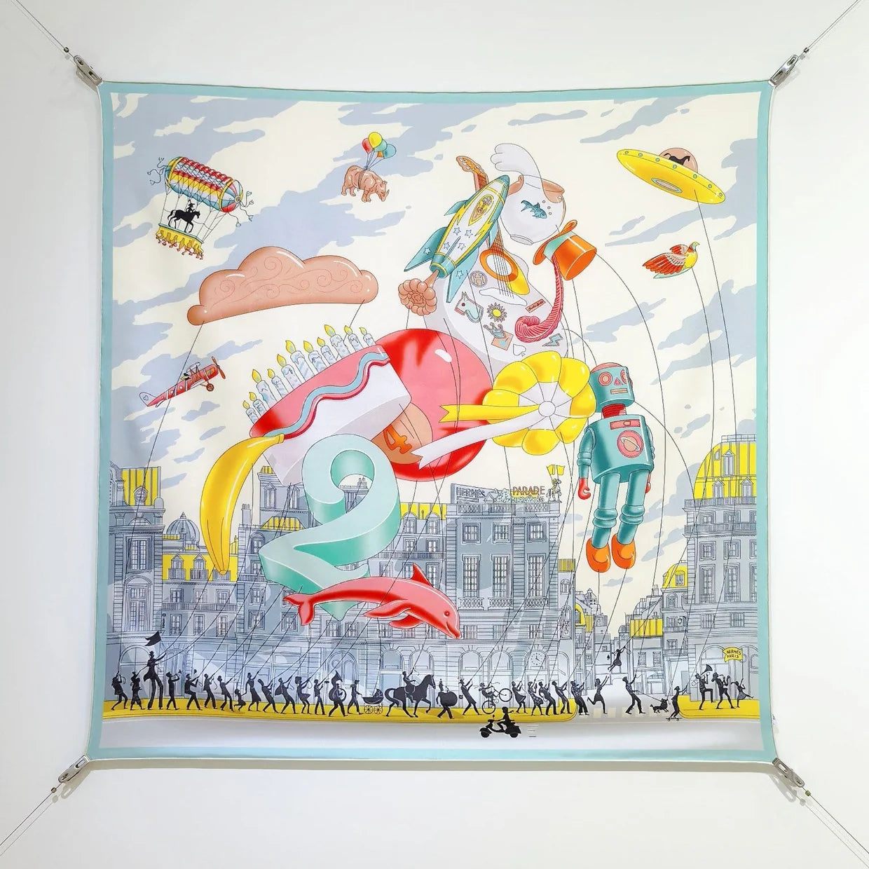 HM 26s Horse Scarf 90 Blue Beige Colorful Cashmere Silk 139215