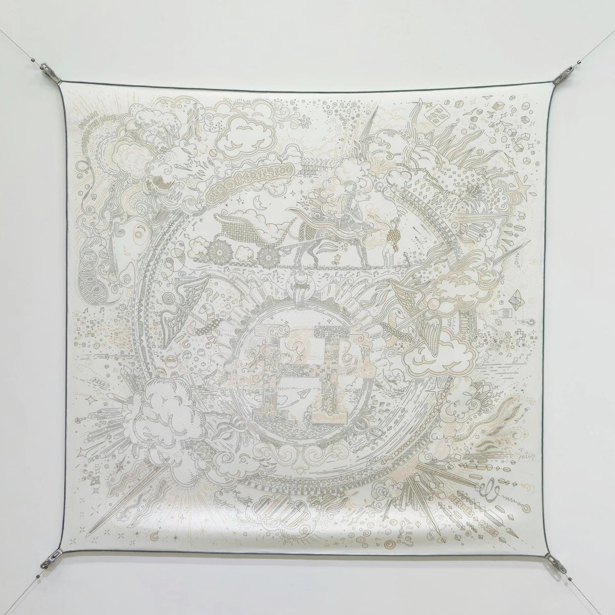 HM 26s 90 Double Sided Scarf White Gray Colorful Mulberry Silk 145752