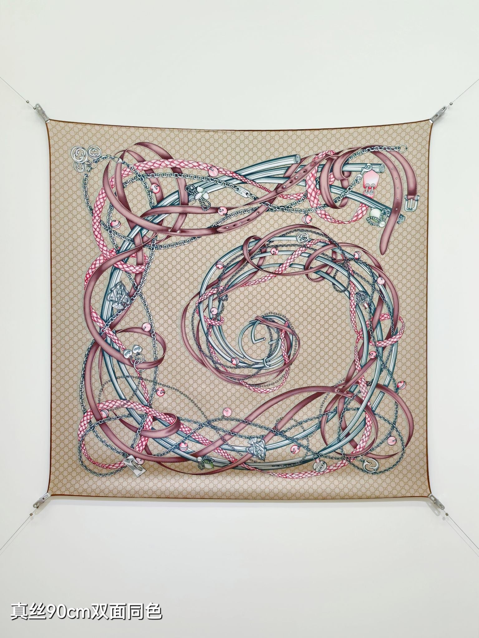 GG Scarf 90x90 Beige Colorful Twill Silk 219481