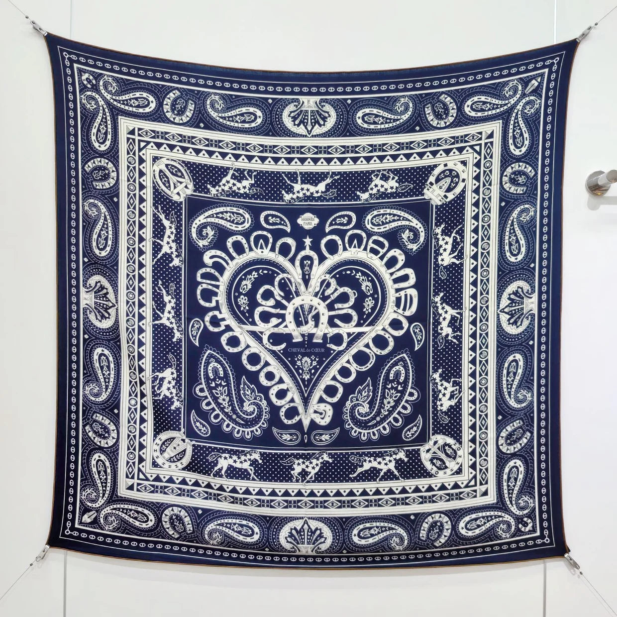 HM 26s Heart Horse Scarf 140 Navy Blue Cashmere Silk 139236