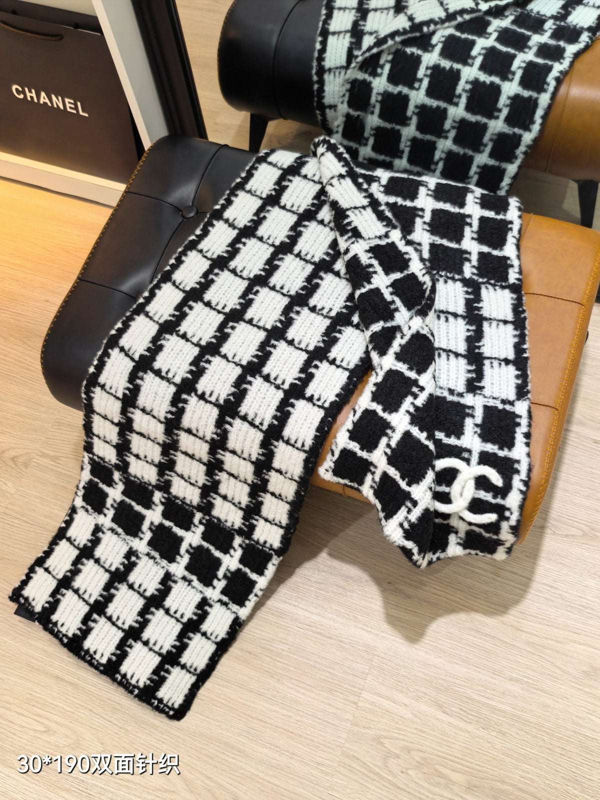 CC  26s Black White Tweed Plaid CC Knitted Scarf 30x190cm 534740