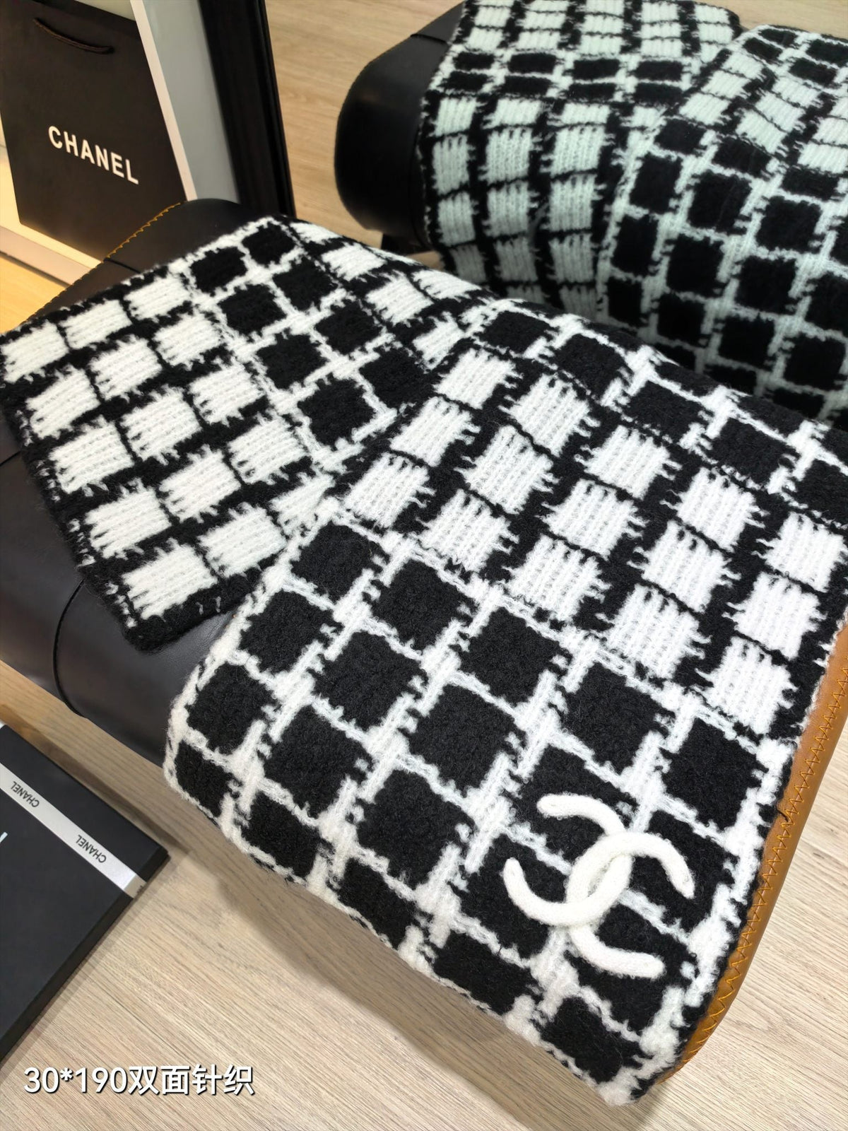 CC  26s Black White Tweed Plaid CC Knitted Scarf 30x190cm 534740