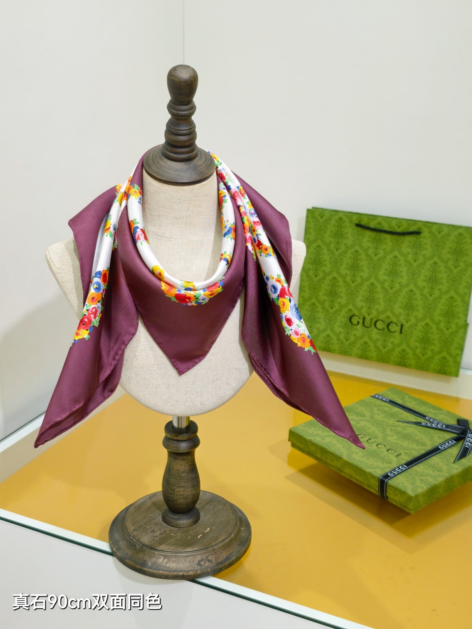 GG Floral Scarf 90x90cm Burgundy Colorful Silk Twill 209973