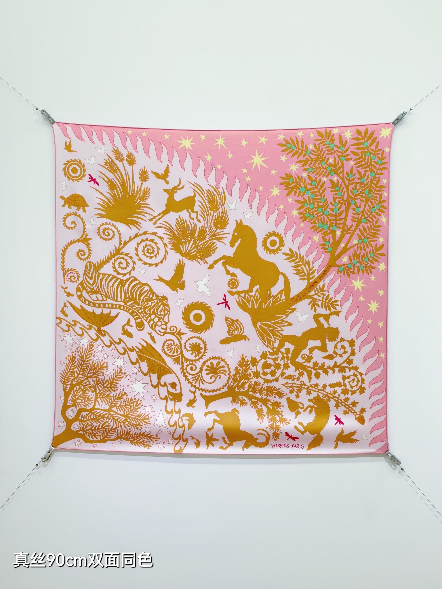 HM Sous le Charme d'Orphee Detail Scarf 90 Pink Colorful Twill Silk 194443