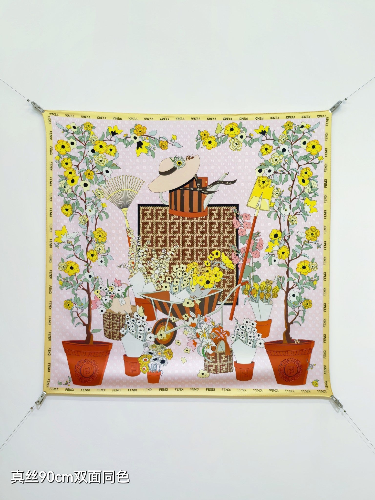 Fendi Scarf 90x90cm Light Yellow Colorful Twill Silk 262734