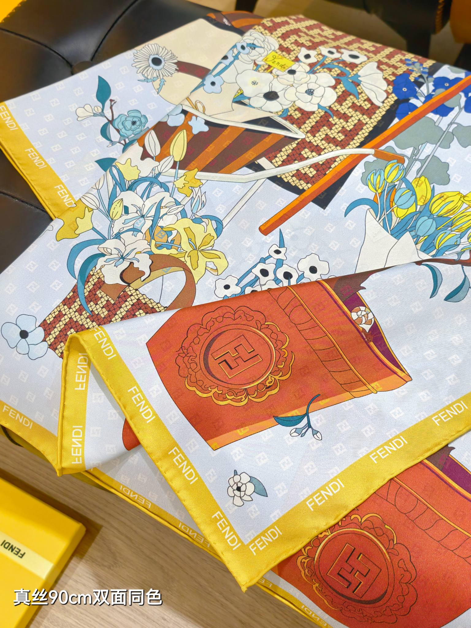 Fendi Scarf 90x90cm Yellow Colorful Twill Silk 262736