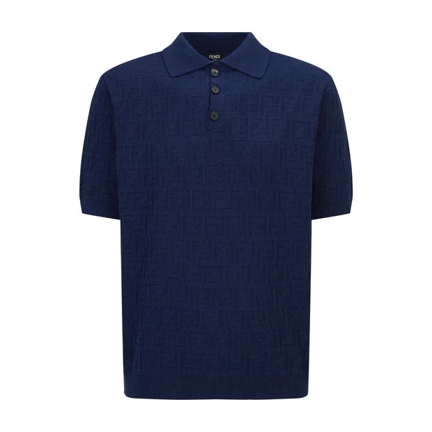 Fendi 2026 Men's Double F Polo Shirt Navy Blue Knitted Cotton 824166