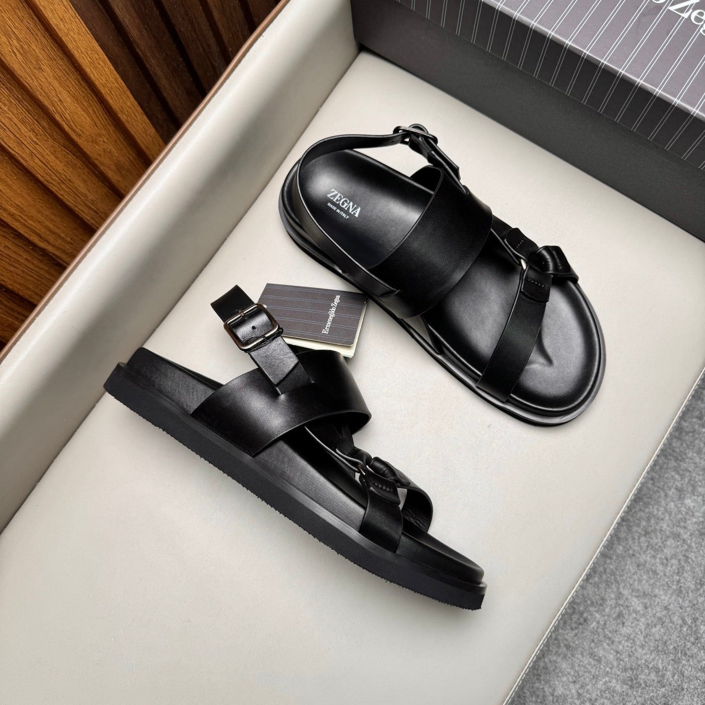 Zegna Men’s Sandals Black Glossy Calfskin 175817