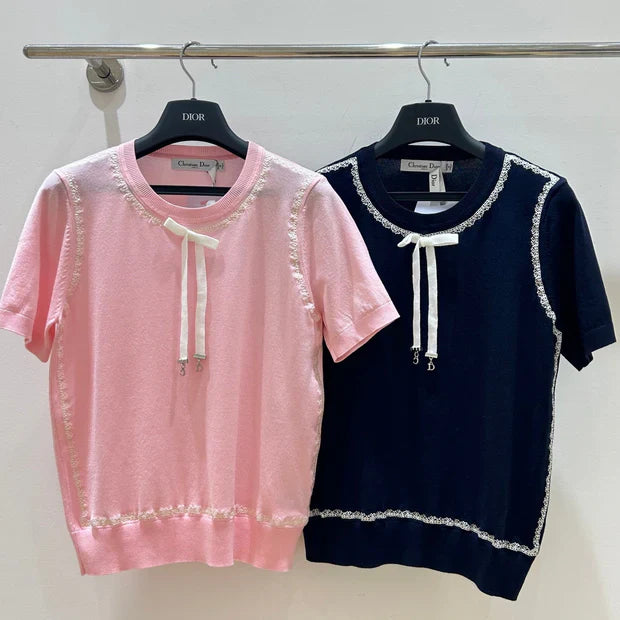 Dior 2026 Short-sleeved Top Navy Blue and Pink Wool 392520