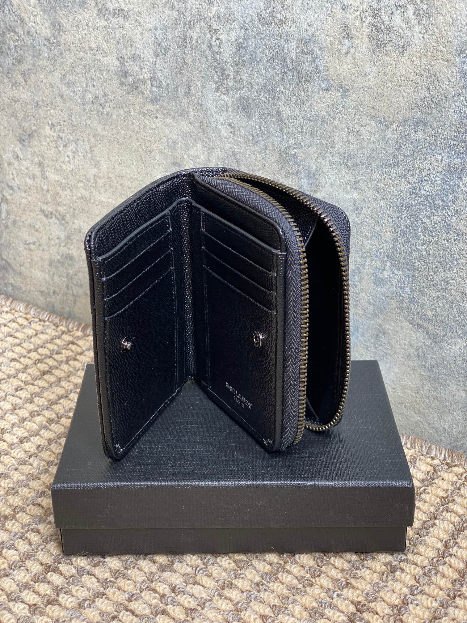 YSL Cassandre Matelassé Compact Zip-Around Wallet Full Black Caviar Cowhide