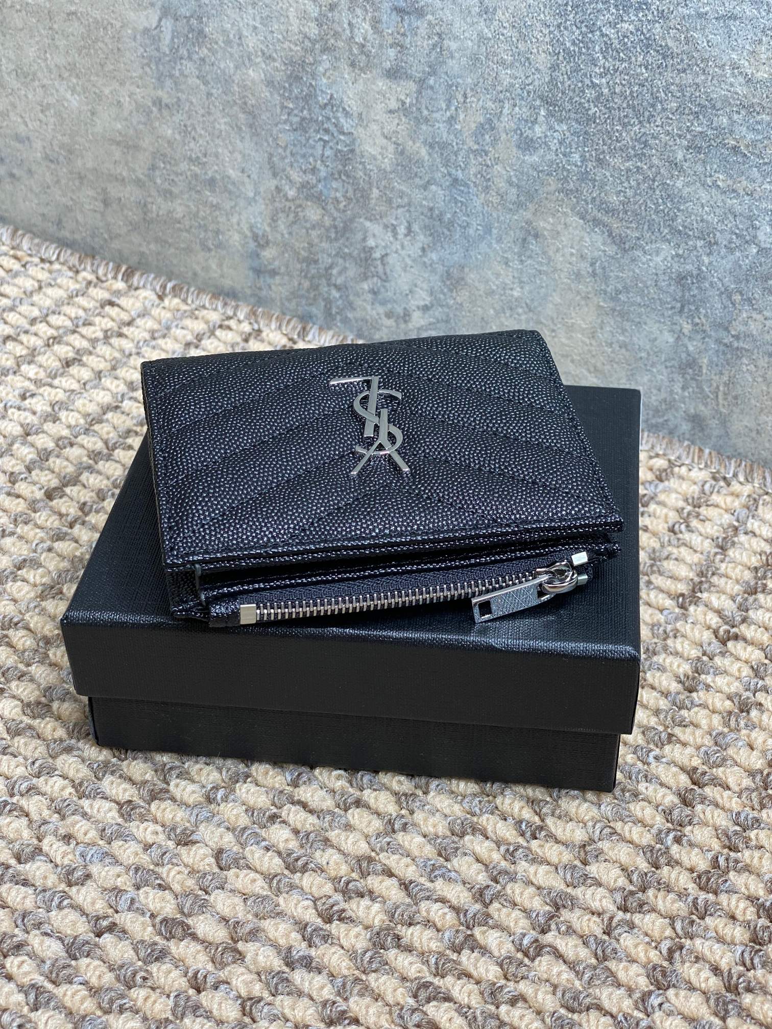 YSL Cassandre Matelassé Bi-Fold Wallet Black Caviar Cowhide Sliver HW