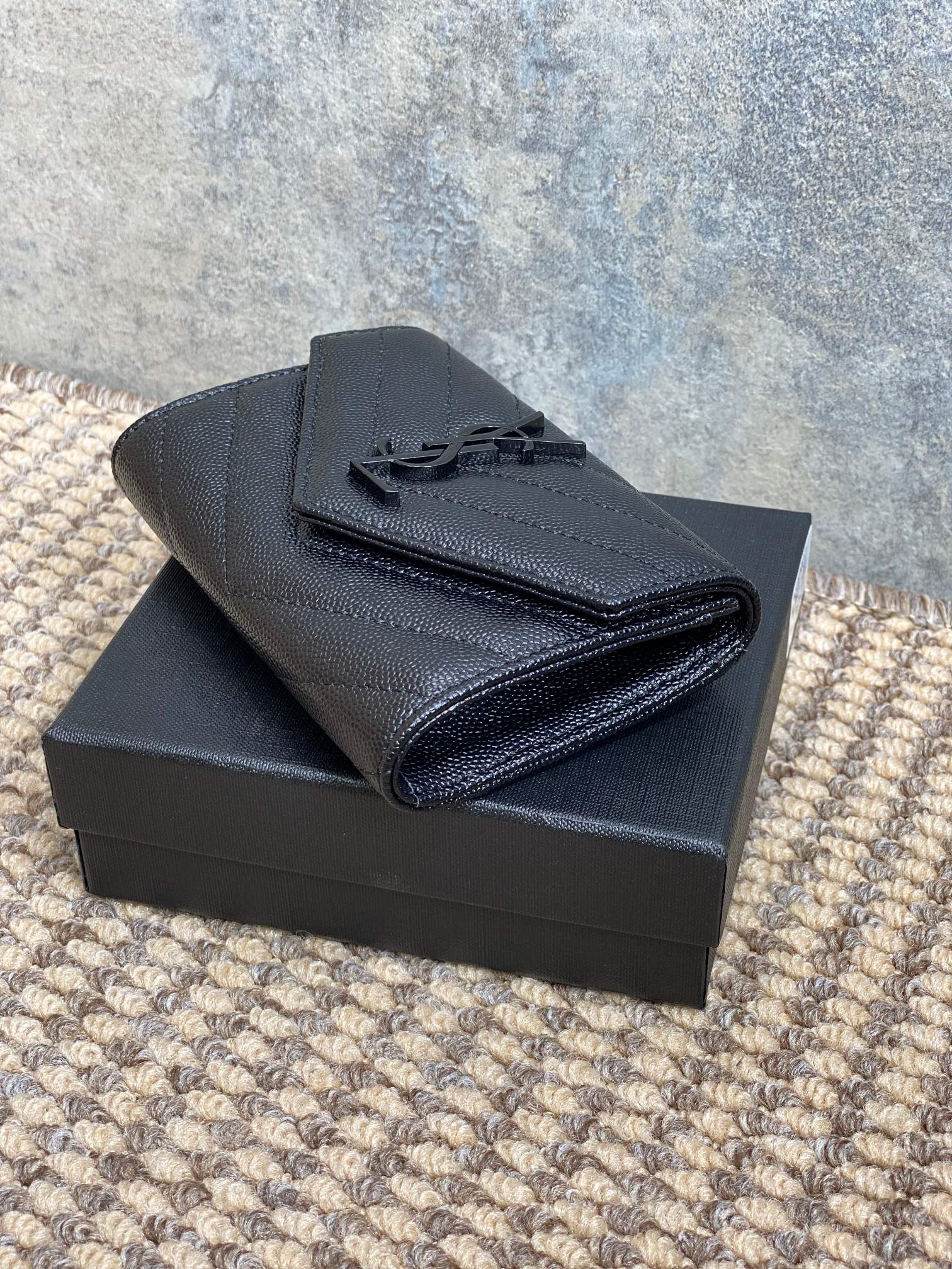 YSL Monogram Card Flap Wallet 13.5cm All Black Caviar Cowhide